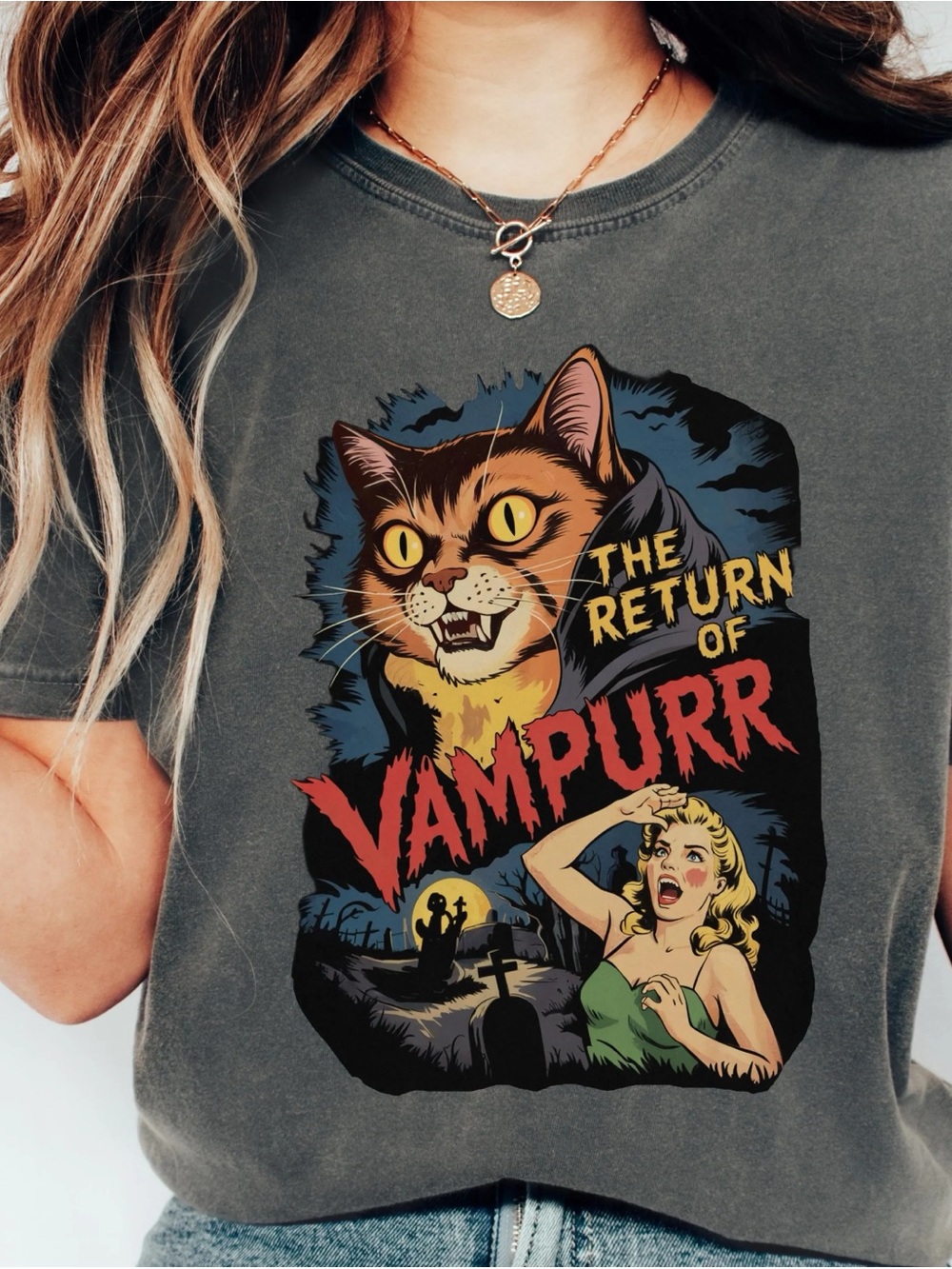 The Return of Vampurr Shirt, Horror cat Graphic Cat Tee - Charcoal Unisex